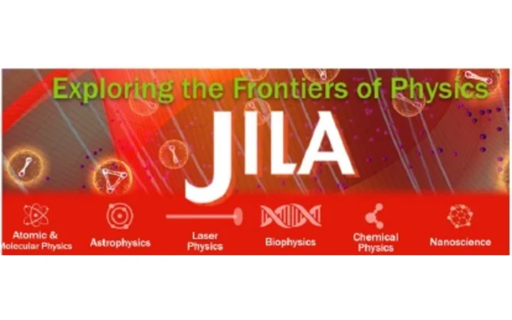 JILA banner reading Exploring the Frontiers of Physics, with icons for atomic, laser and quantum physics.