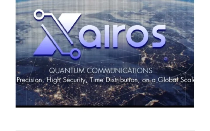 Xairos logo over a view of Earth at night, a quantum communications and precision timing company.