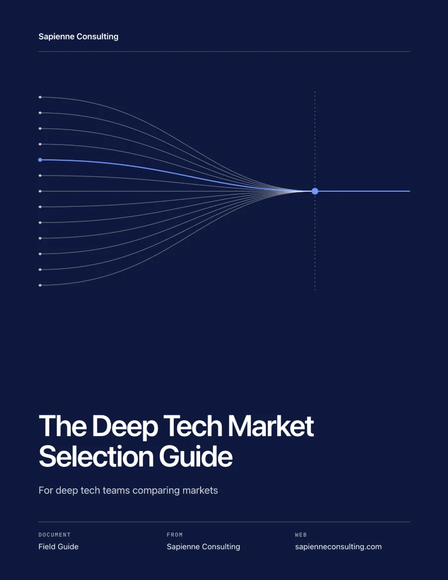 Cover of The Deep Tech Market Selection Guide, a field guide from Sapienne Consulting for deep tech teams comparing markets.