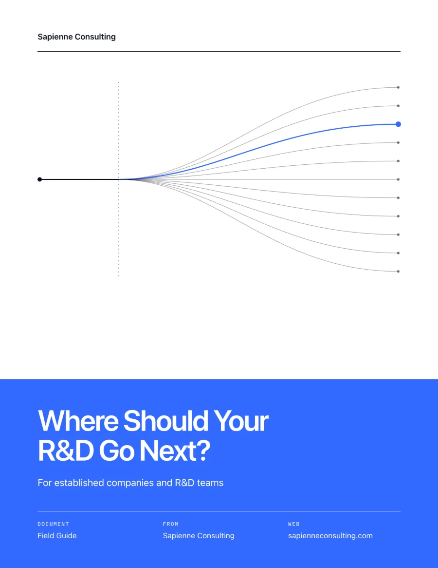 Cover of Where Should Your R&D Go Next?, a field guide from Sapienne Consulting for established companies and R&D teams.